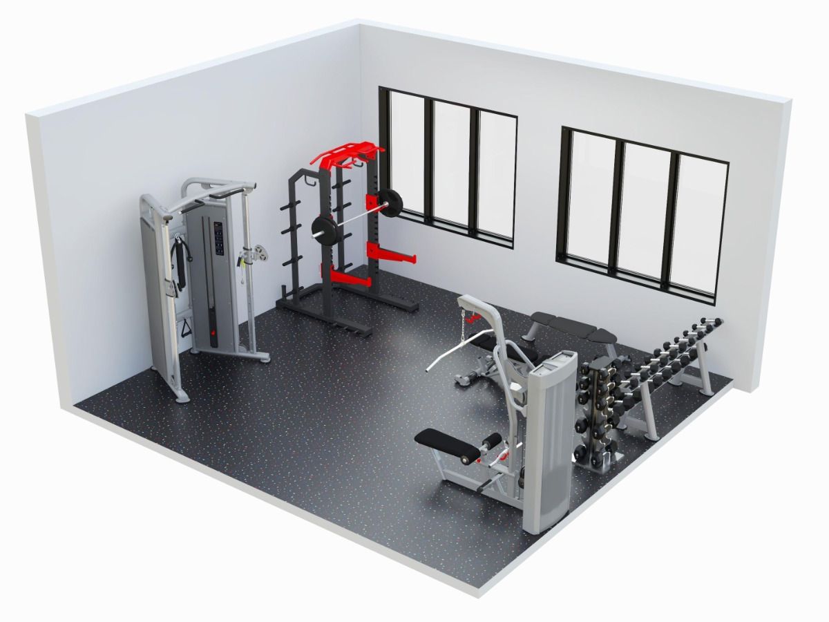 3D isometric render of a planned gym room