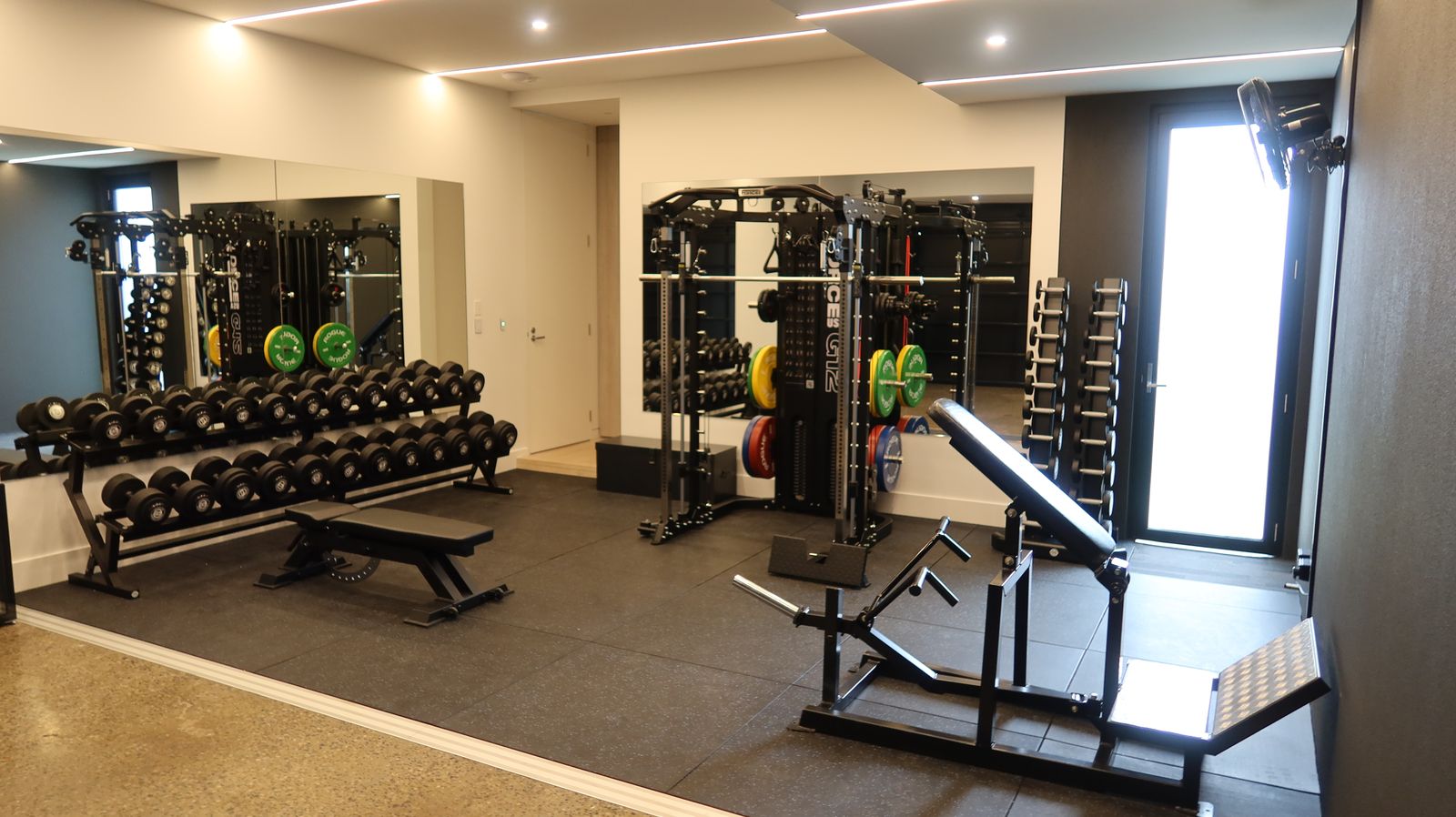 Garage gym with mirror walls, LED strip lighting, functional trainer, dumbbell racks and rubber flooring