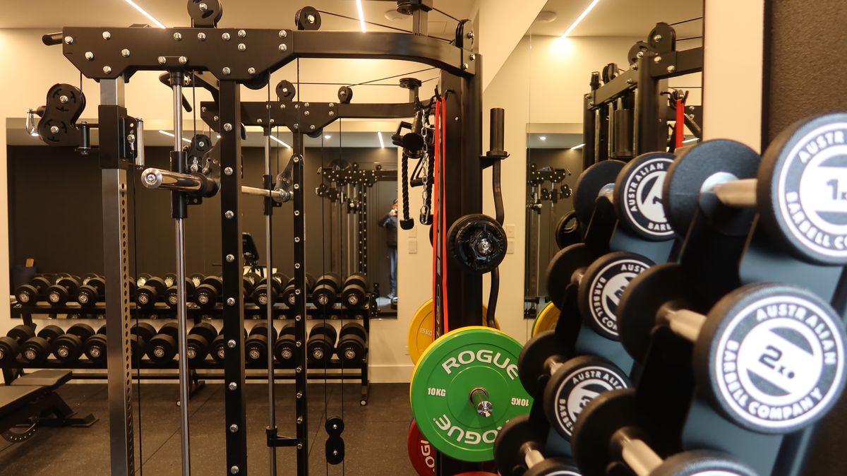Cable machine, bumper plates and dumbbells up close